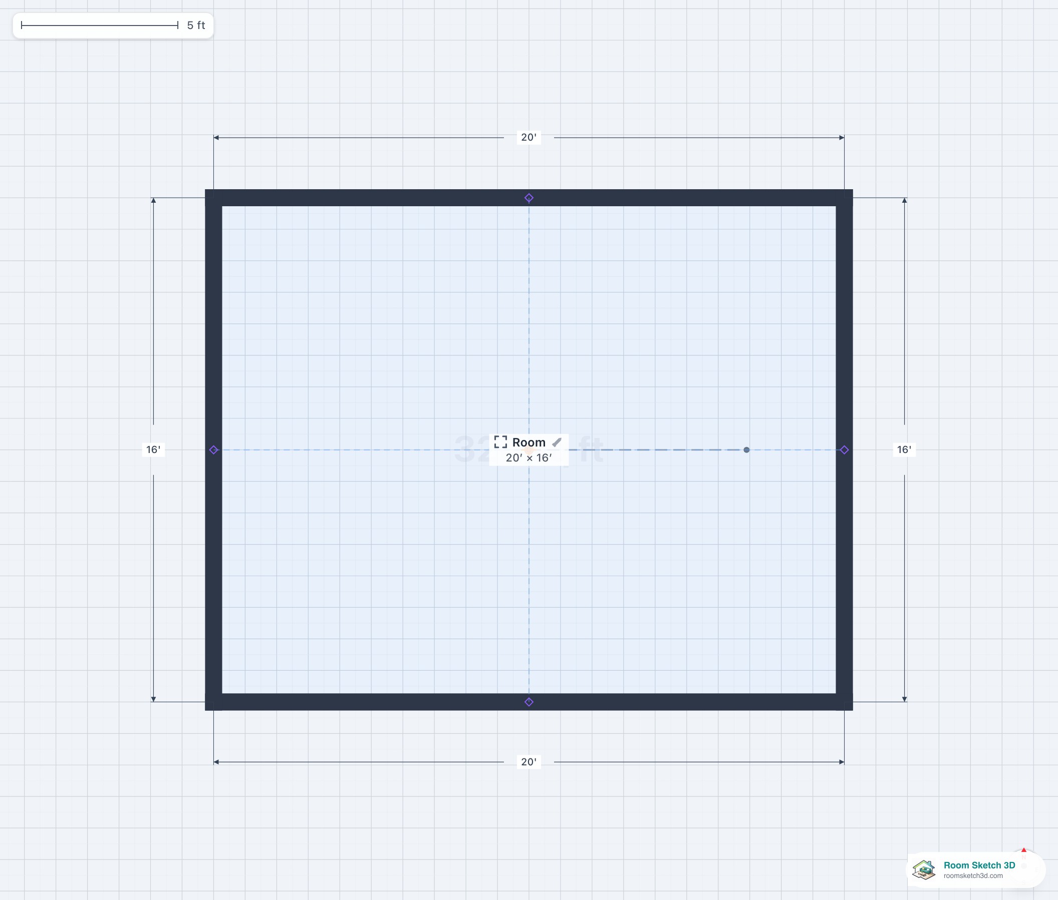 Floor plan view of a Partition wall — zero-thickness dashed line marking a logical room boundary