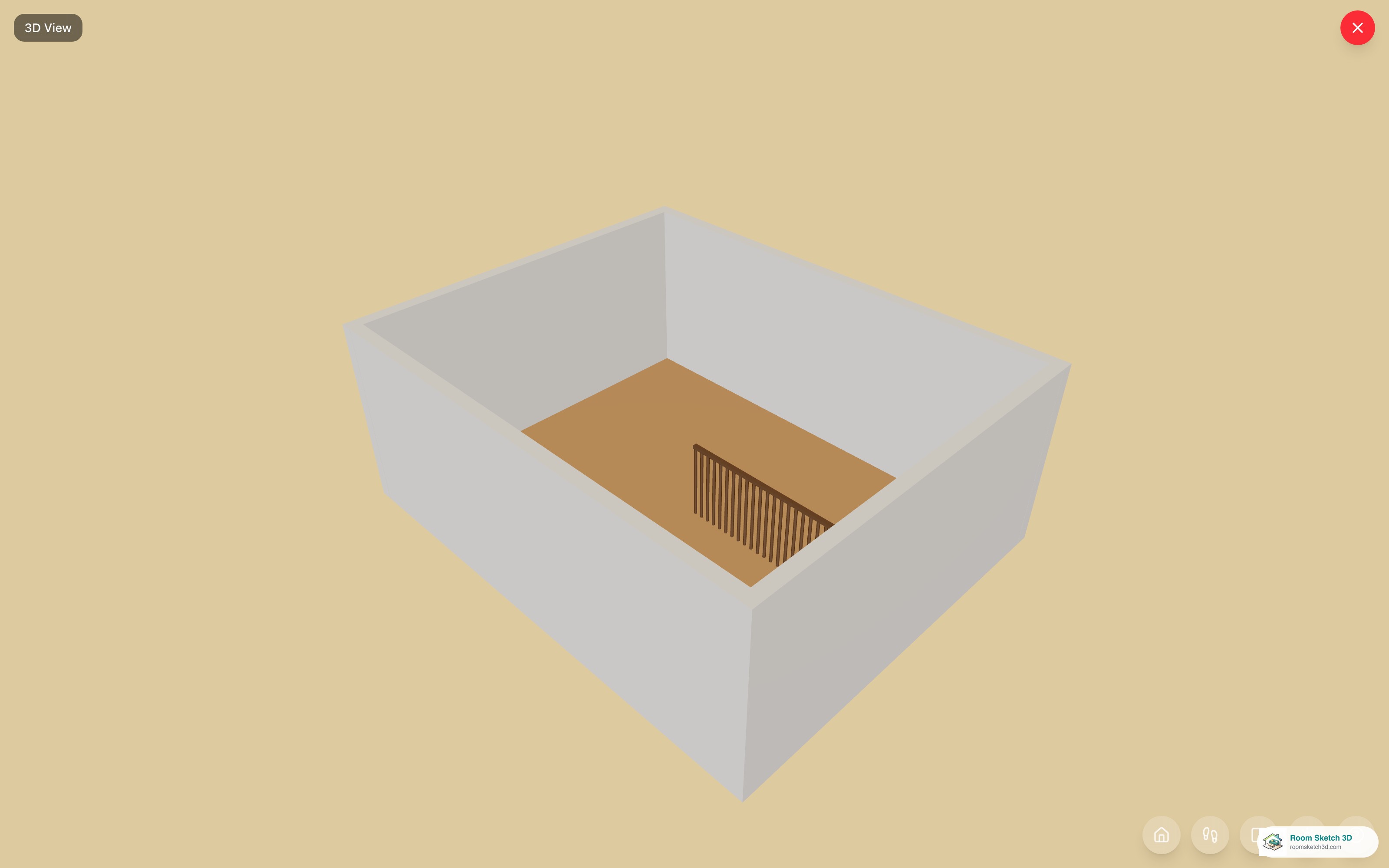 3D view of a spindle railing partition inside the room — vertical wood balusters with a top rail