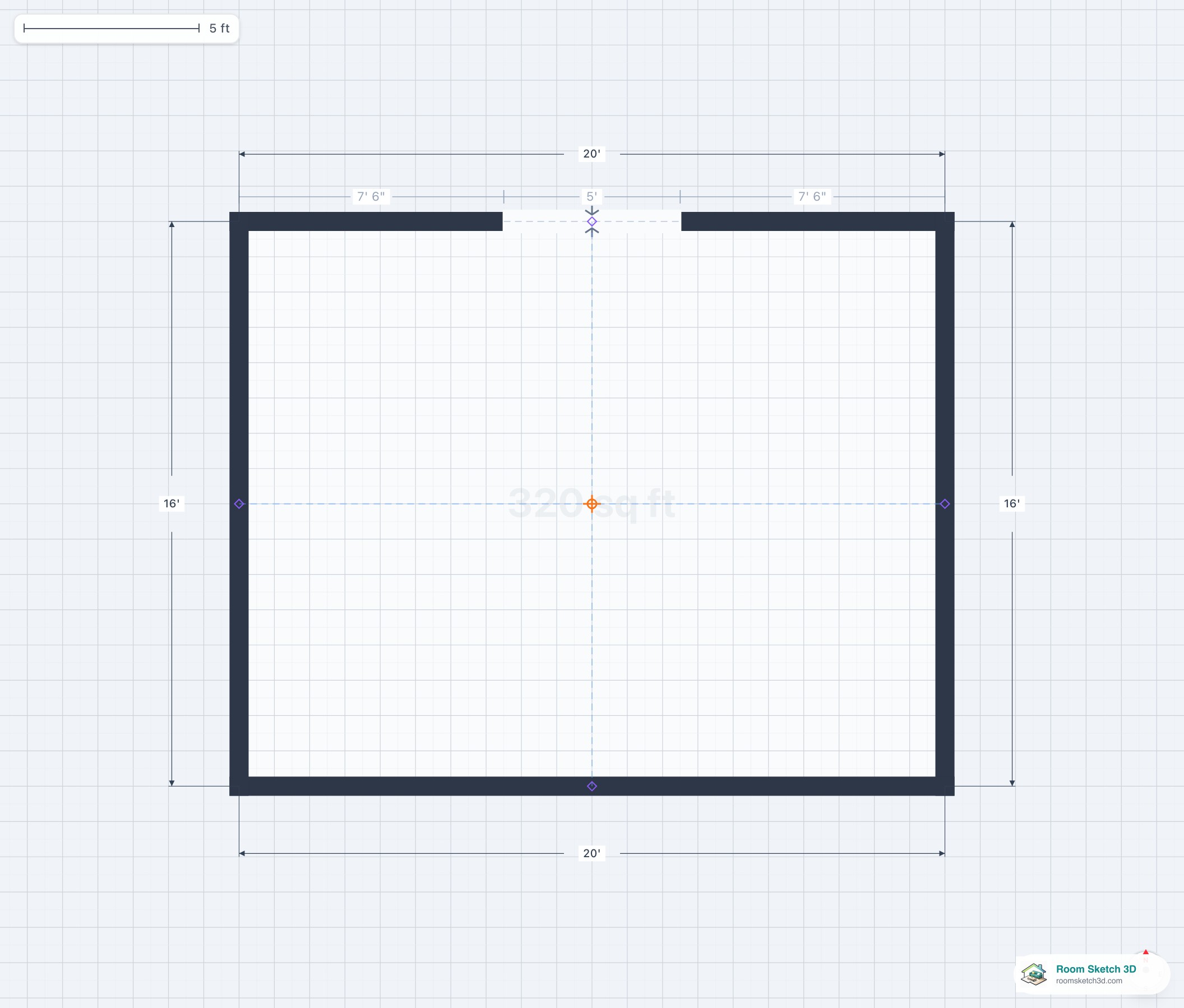 Cased opening on a residential floor plan — wall gap with header trim, no door panel, used for open-plan transitions between rooms