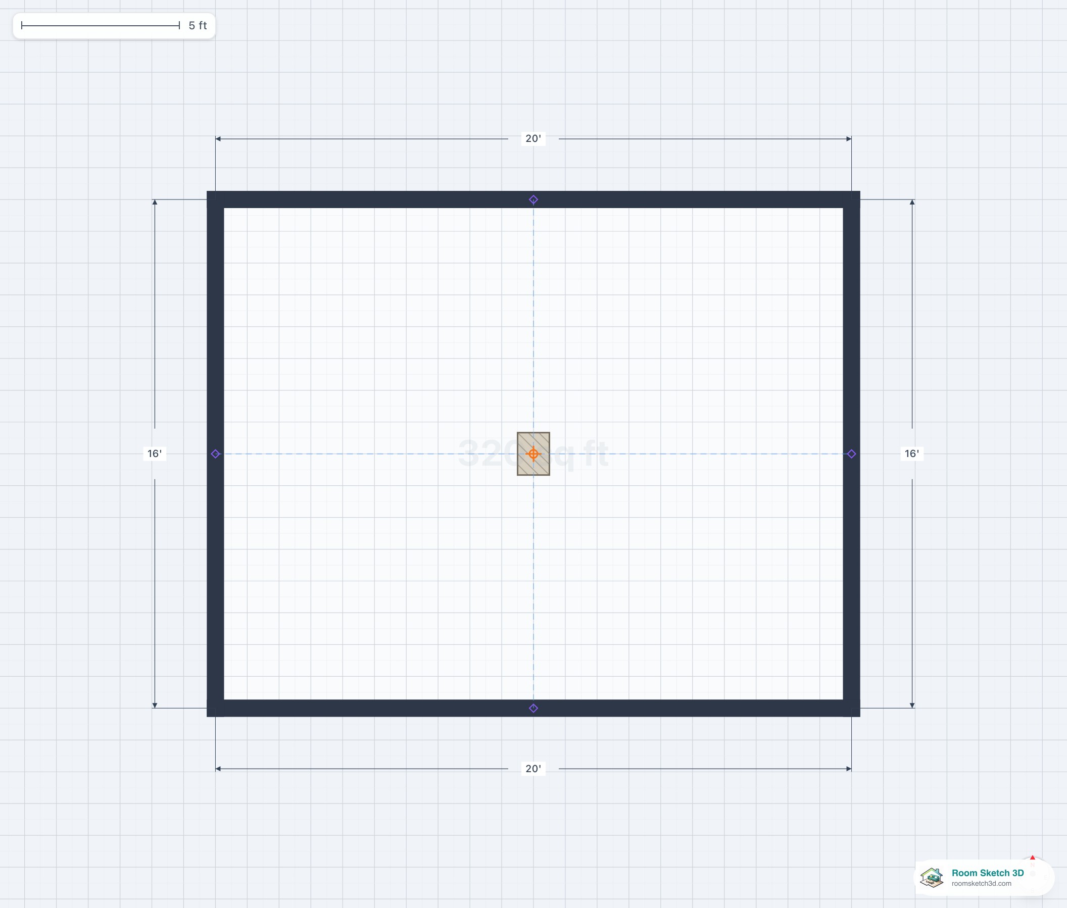 Floor plan of a free-standing pillar at room center — small wood-textured square representing a structural column