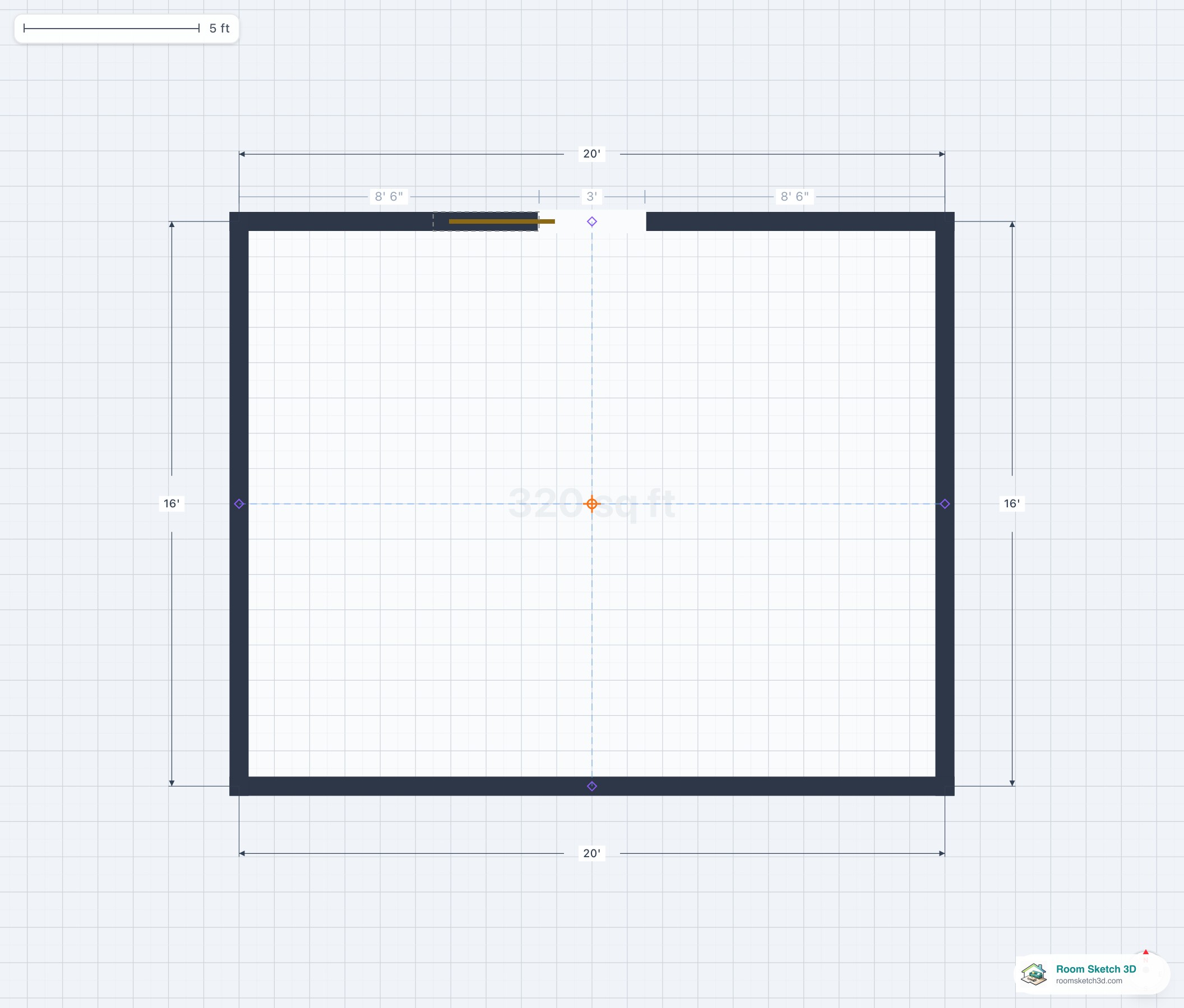 Pocket door on a residential floor plan — door slides into the wall cavity, no swing arc, marked unmountable along the cavity