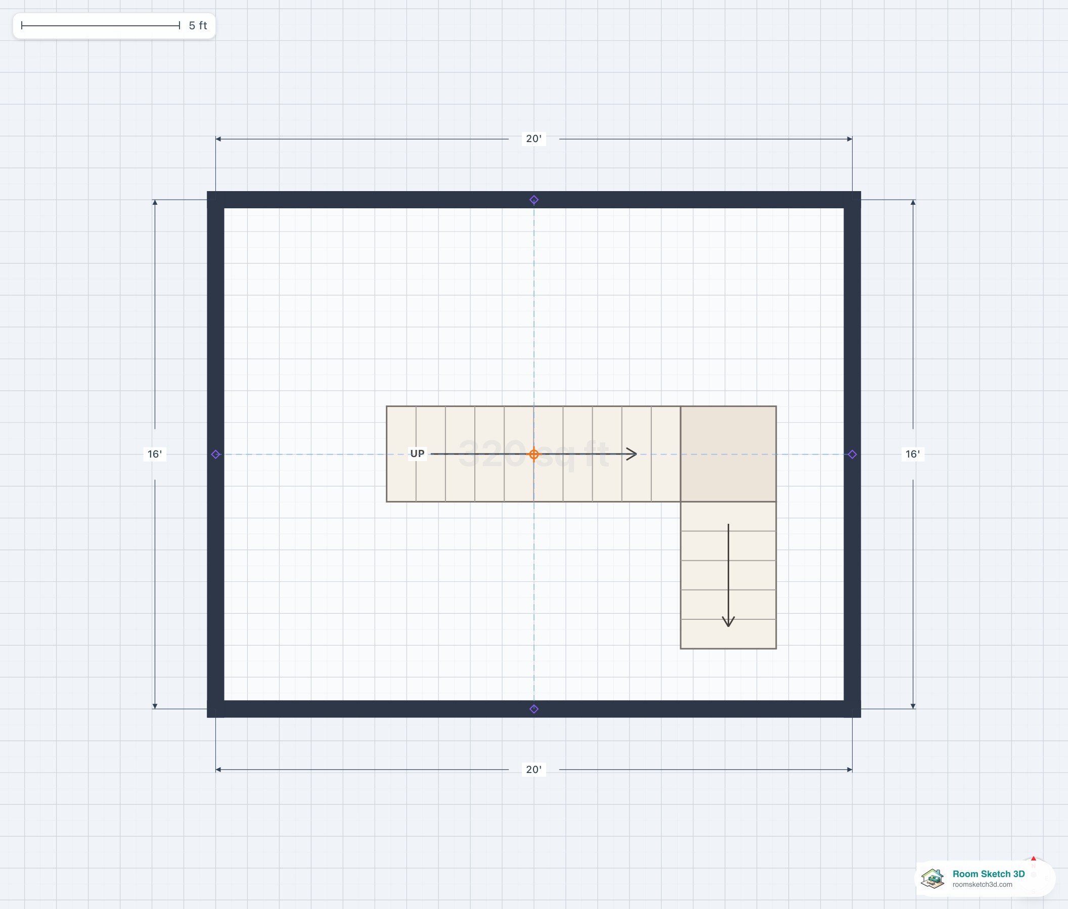 L-shaped staircase on a residential floor plan — two flights meeting at a 90 degree landing