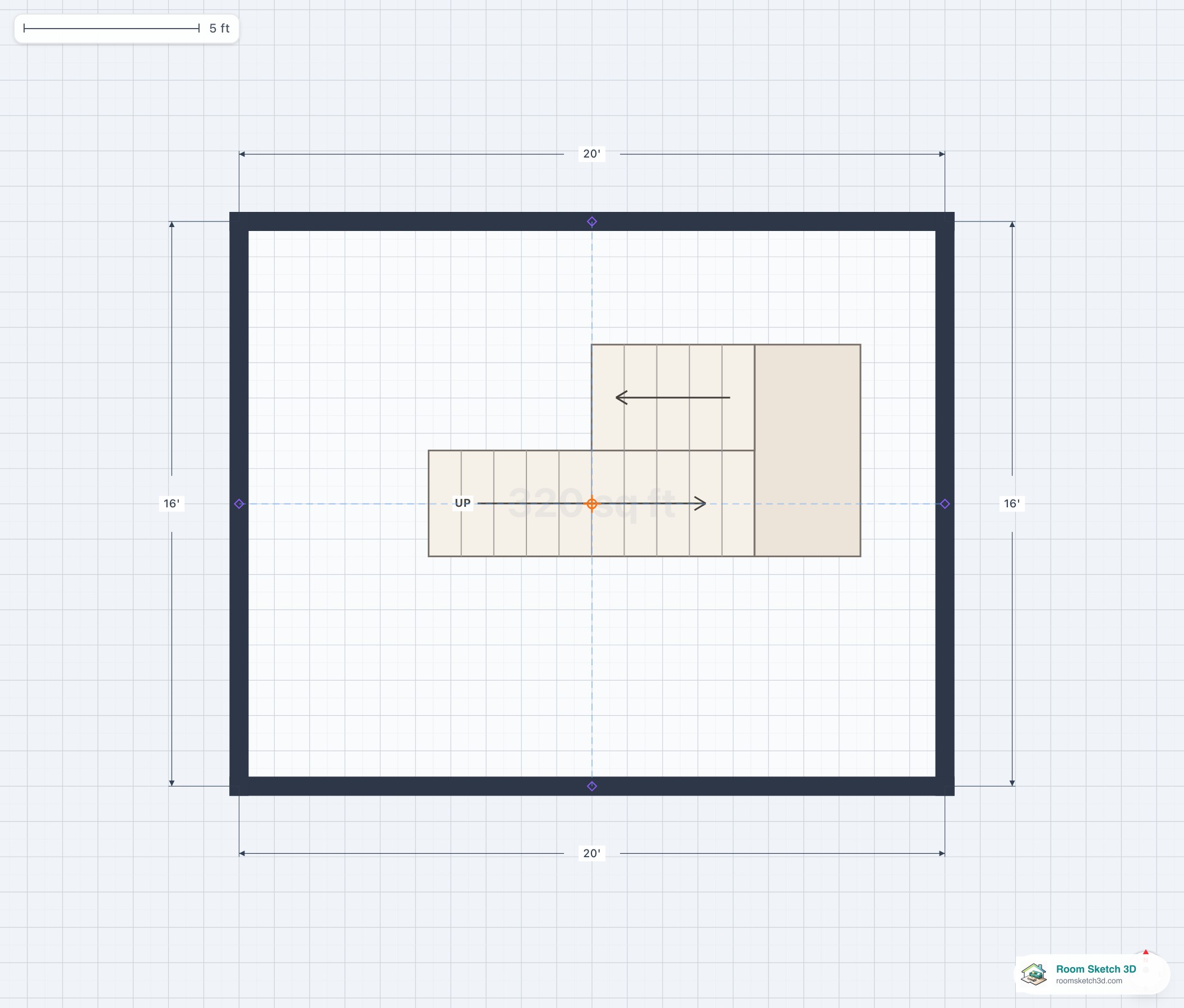 U-shaped switchback staircase on a residential floor plan — two parallel flights joined by a 180 degree landing